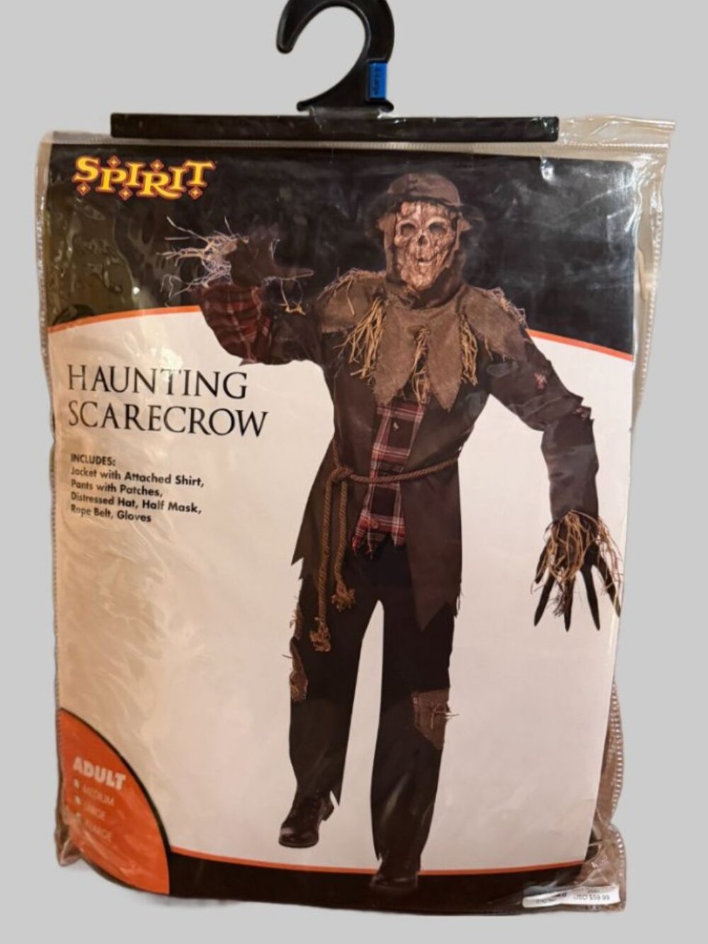 Spirit Halloween Haunting Scarecrow Costume Adult XL Mask Hat Gloves EUC